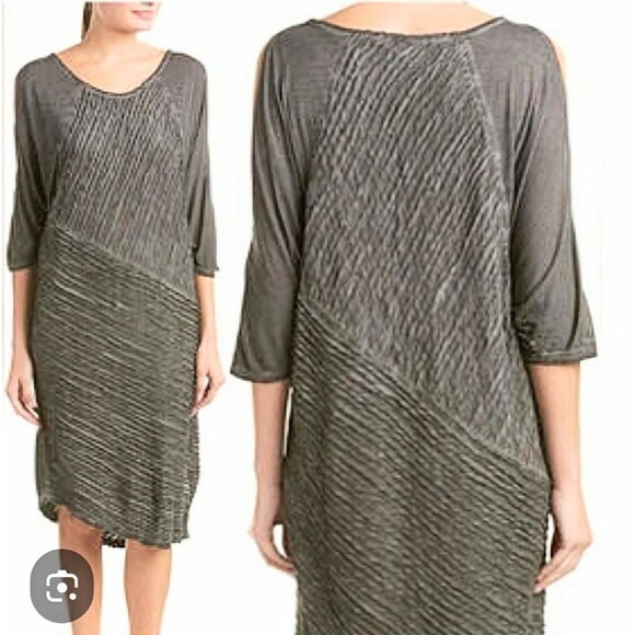 XCVI Sz S Lagenlook Gray Textured Asymmetrical Hem Bat Wing Sleeves Midi Dress - Picture 1 of 8
